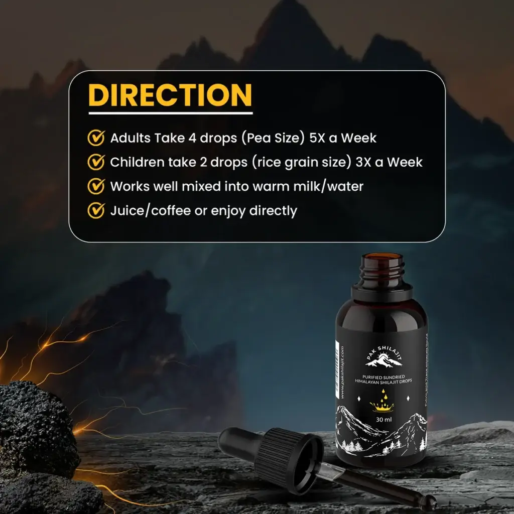 Directions for taking Pak Shilajit shilajit drops, four drops in water