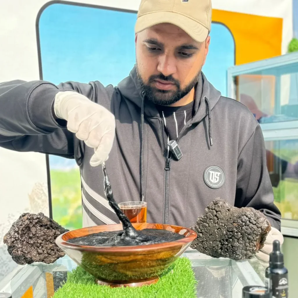 Himalayan shilajit shown from raw rock material through to finished resin