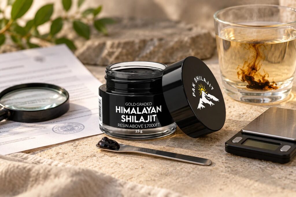 Pak Shilajit resin jar on a stone worktop beside a printed lab report under a magnifying glass, the steel spatula holding a pea-sized piece of resin, a glass of warm water with resin dissolving, and a pocket scale