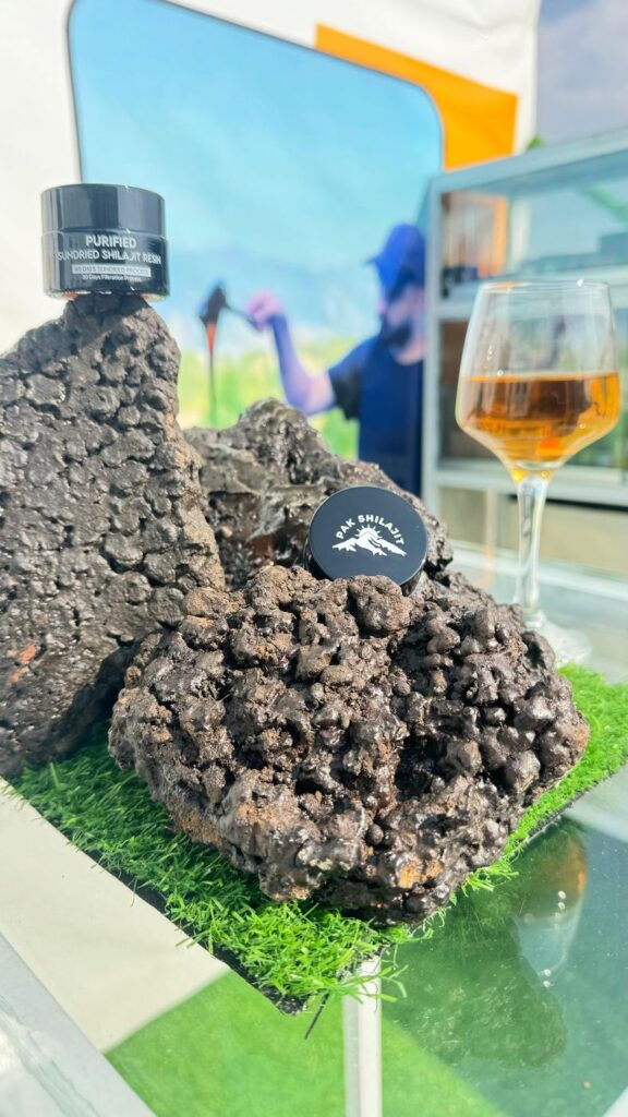 Large pieces of raw Himalayan shilajit rock displayed beside a finished jar of Pak Shilajit resin