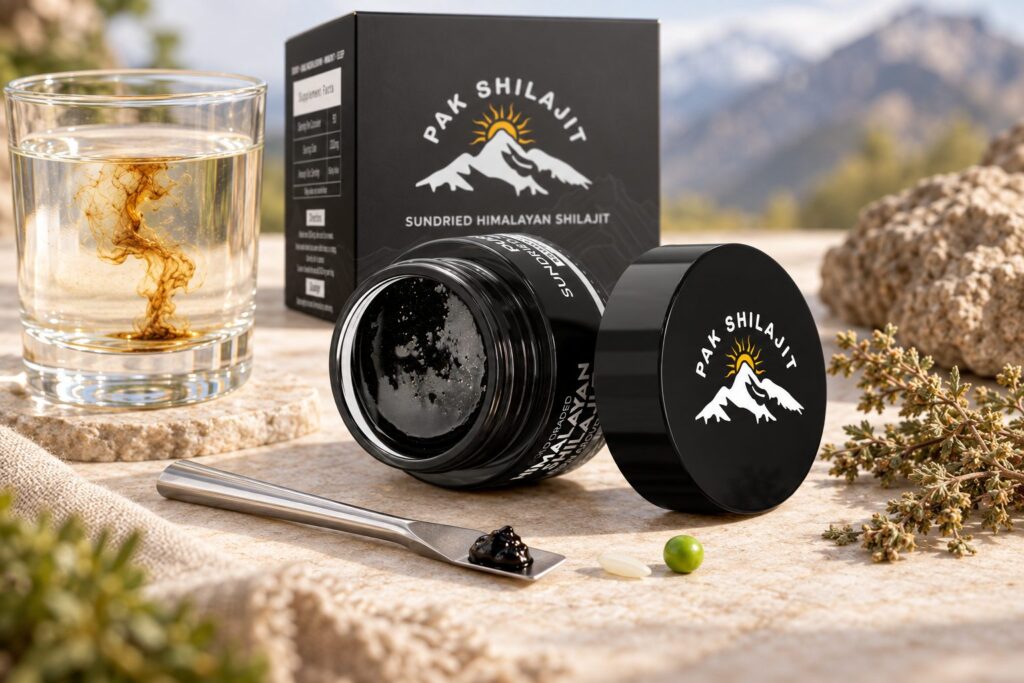 Pak Shilajit resin jar with the steel spatula holding a pea-sized serving of resin, a grain of rice and a pea beside it for scale, and a glass of water
