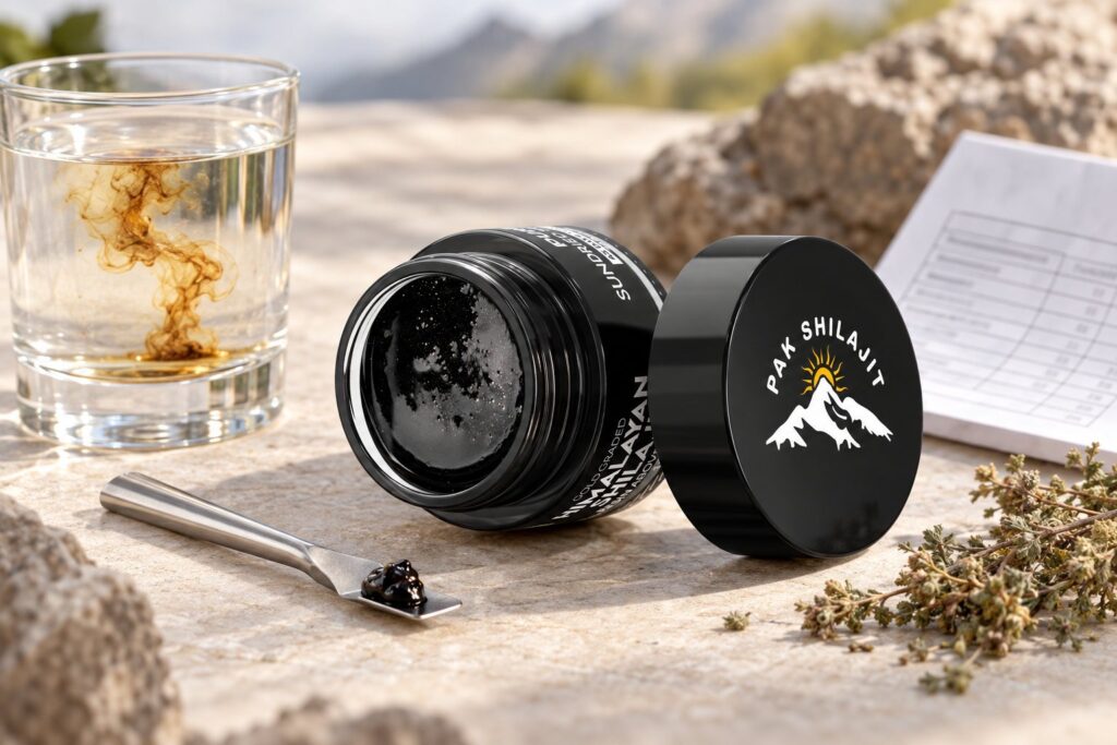Pak Shilajit resin jar beside a glass of water, a measuring spoon holding a rice-grain serving, and a folded lab report