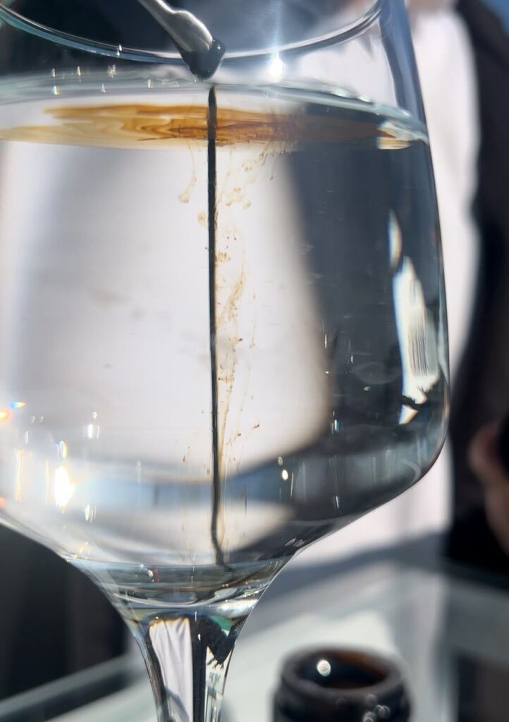 Close-up of a dark ribbon of dissolving shilajit streaming down through clear water