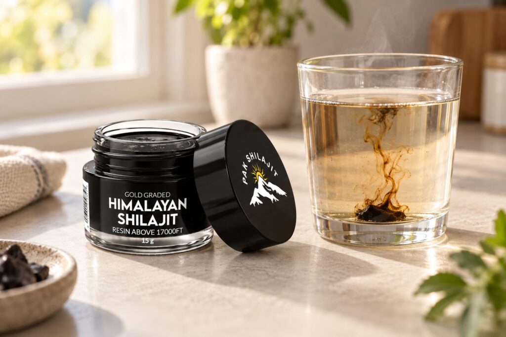 Pak Shilajit jar beside a glass of warm water with a piece of shilajit resin dissolving in a dark ribbon, in morning window light